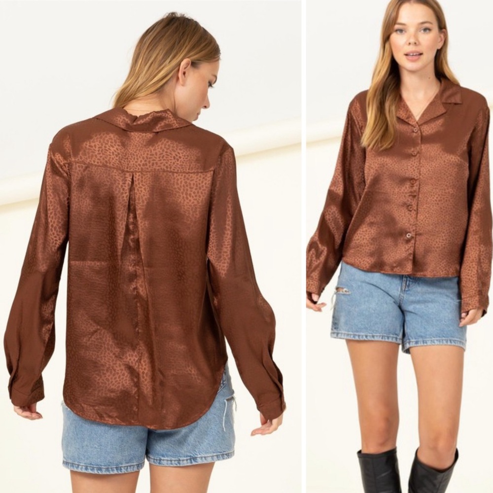 Brown button down animal print top - Picture 1 of 4